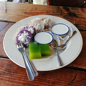 Variety of desserts - including pandan cubes and coconut puddings - on a plate